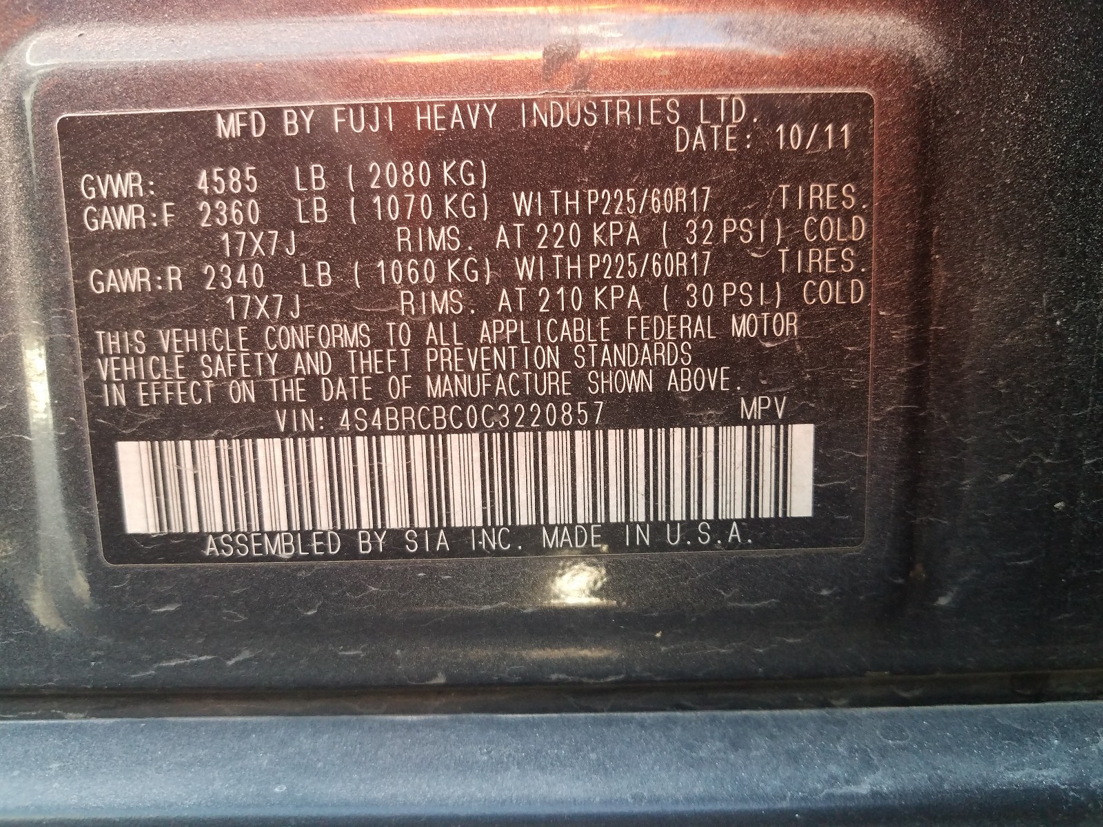 Photo 9 VIN: 4S4BRCBC0C3220857 - SUBARU OUTBACK 2. 