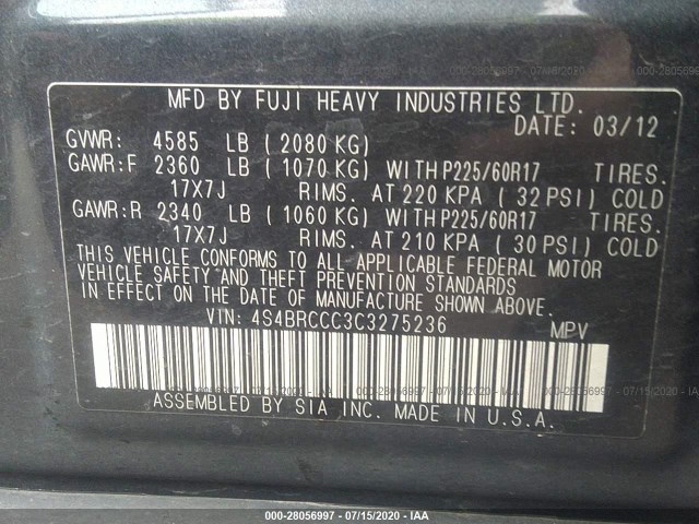 Photo 8 VIN: 4S4BRCCC3C3275236 - SUBARU OUTBACK 