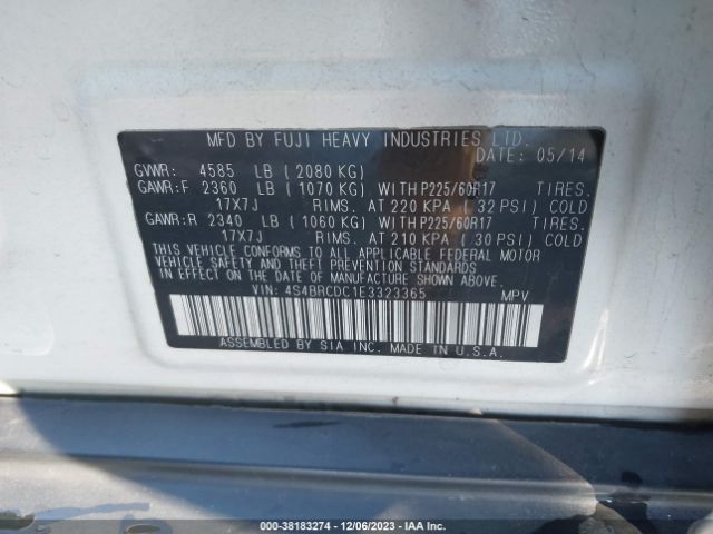 Photo 8 VIN: 4S4BRCDC1E3323365 - SUBARU OUTBACK 