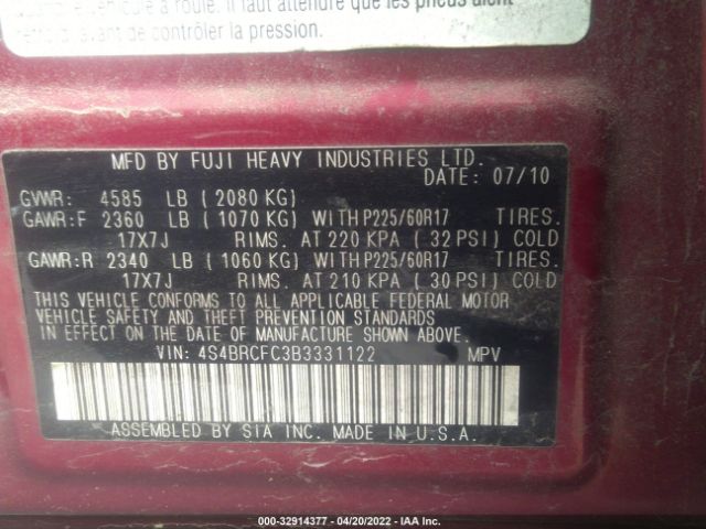 Photo 8 VIN: 4S4BRCFC3B3331122 - SUBARU OUTBACK 