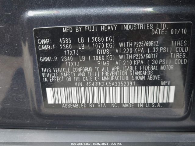 Photo 8 VIN: 4S4BRCFC5A3352391 - SUBARU OUTBACK 