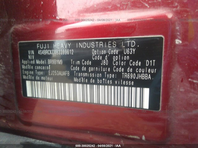 Photo 8 VIN: 4S4BRCKC0B3399612 - SUBARU OUTBACK 