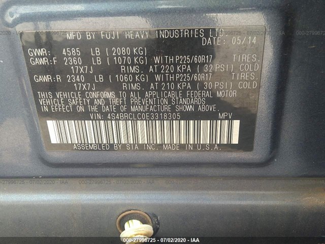 Photo 8 VIN: 4S4BRCLC0E3318305 - SUBARU OUTBACK 