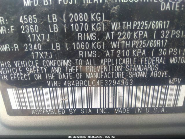 Photo 8 VIN: 4S4BRCLC4E3294963 - SUBARU OUTBACK 