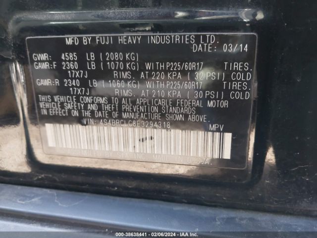 Photo 8 VIN: 4S4BRCLC8E3294318 - SUBARU OUTBACK 