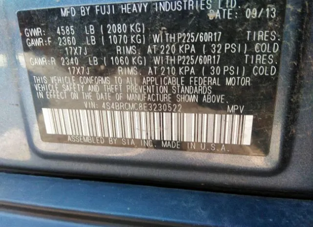 Photo 8 VIN: 4S4BRCMC8E3230522 - SUBARU OUTBACK 