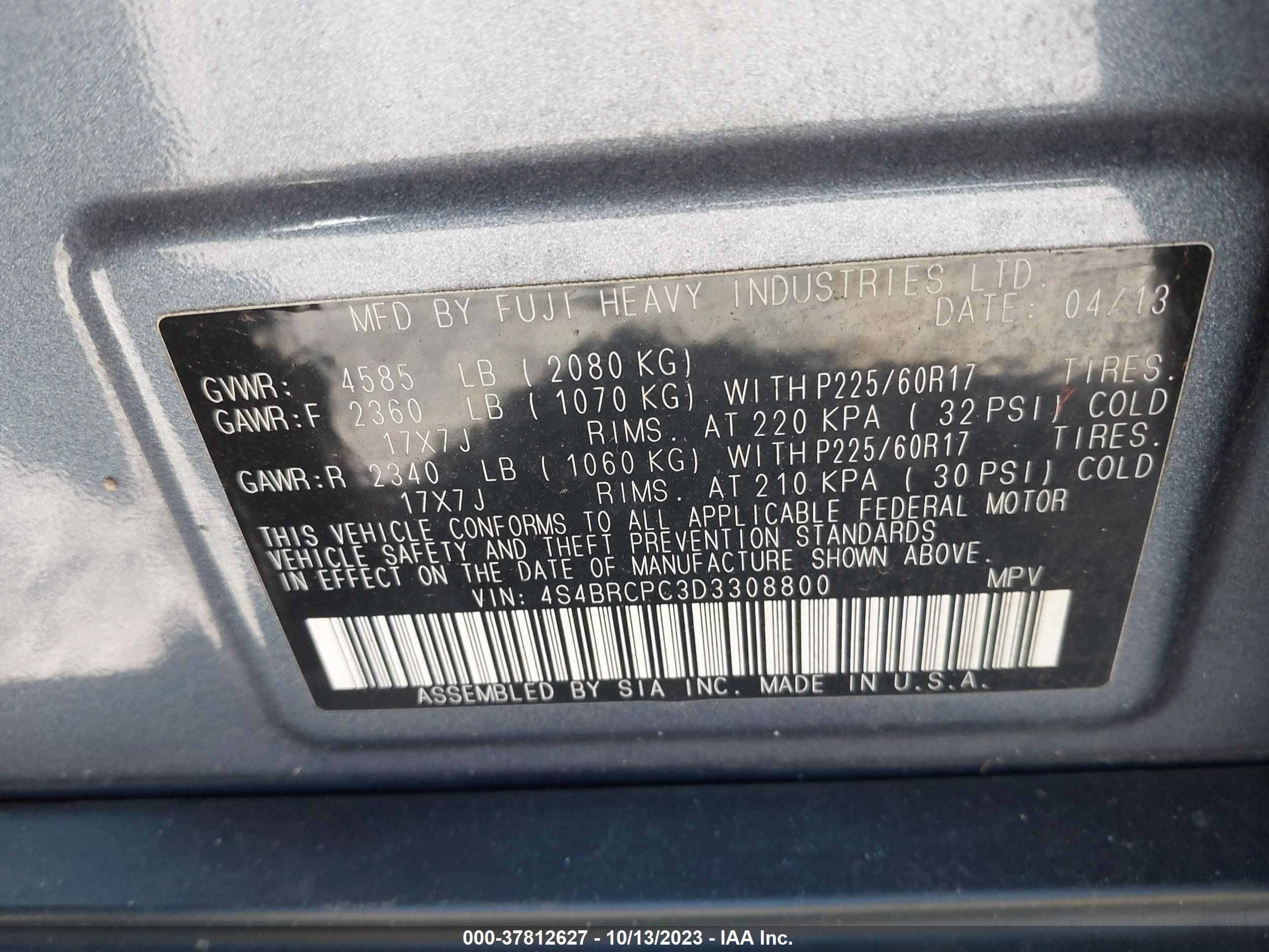 Photo 8 VIN: 4S4BRCPC3D3308800 - SUBARU OUTBACK 