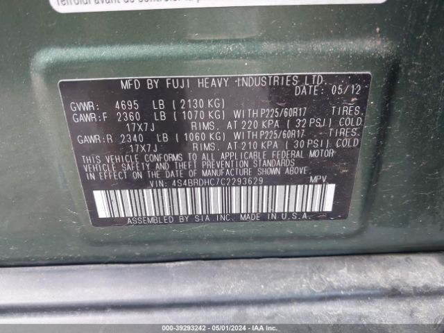 Photo 8 VIN: 4S4BRDHC7C2293629 - SUBARU OUTBACK 