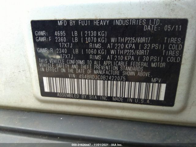 Photo 8 VIN: 4S4BRDJC0B2422075 - SUBARU OUTBACK 