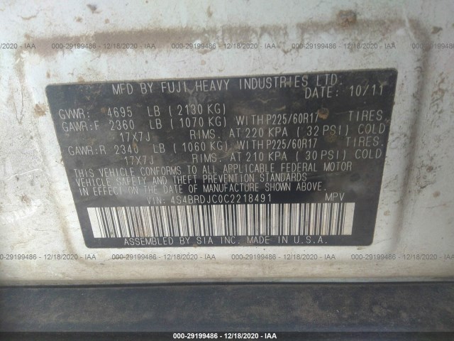 Photo 8 VIN: 4S4BRDJC0C2218491 - SUBARU OUTBACK 