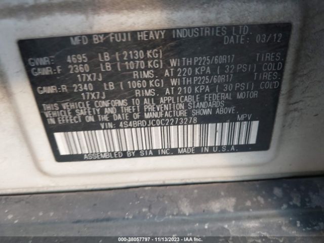 Photo 8 VIN: 4S4BRDJC0C2273278 - SUBARU OUTBACK 