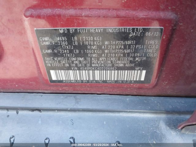 Photo 8 VIN: 4S4BRDKC4D2206862 - SUBARU OUTBACK 