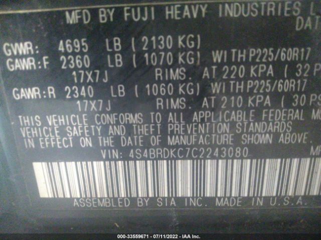 Photo 8 VIN: 4S4BRDKC7C2243080 - SUBARU OUTBACK 