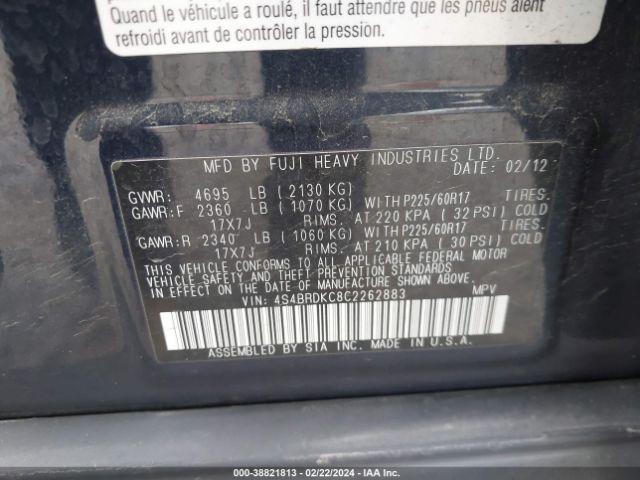 Photo 8 VIN: 4S4BRDKC8C2262883 - SUBARU OUTBACK 