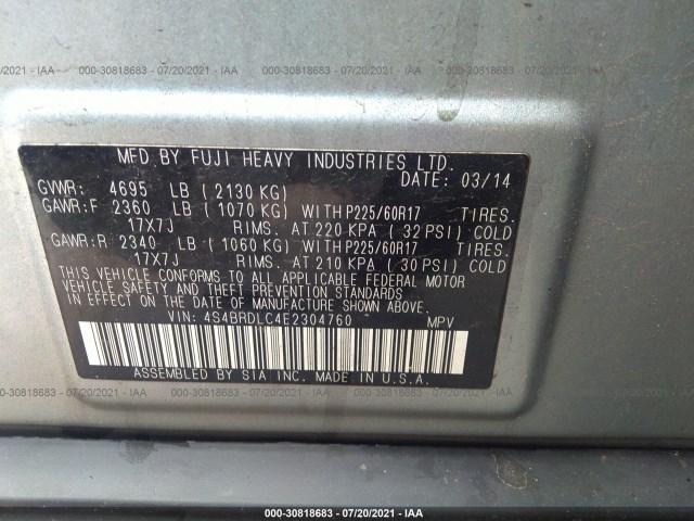 Photo 8 VIN: 4S4BRDLC4E2304760 - SUBARU OUTBACK 