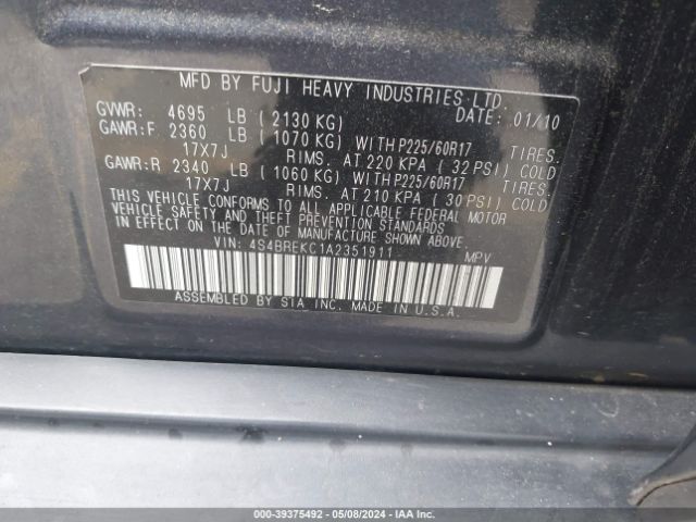 Photo 8 VIN: 4S4BREKC1A2351911 - SUBARU OUTBACK 