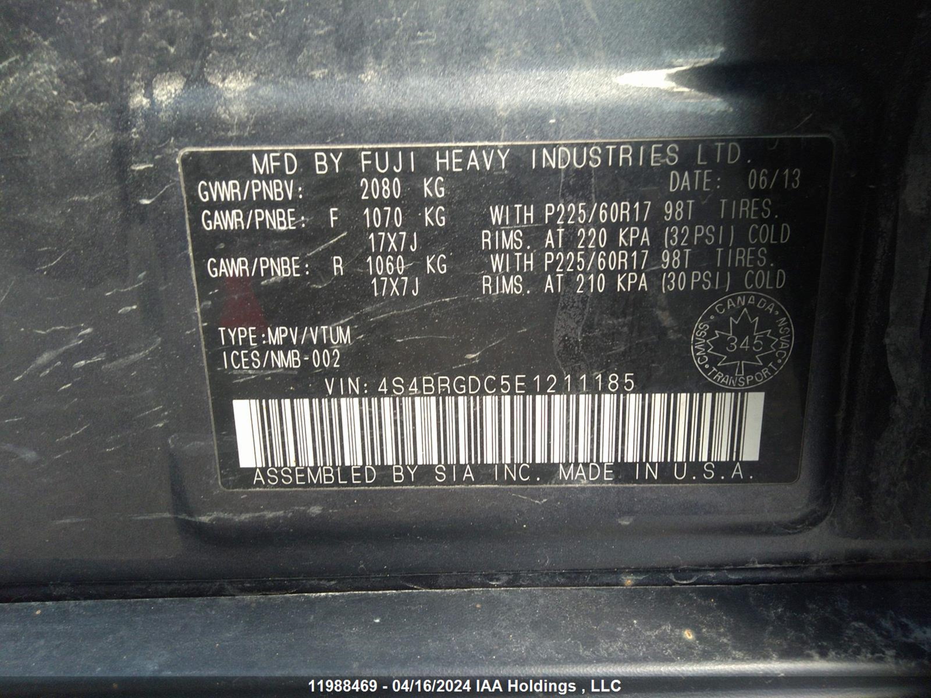 Photo 8 VIN: 4S4BRGDC5E1211185 - SUBARU OUTBACK 