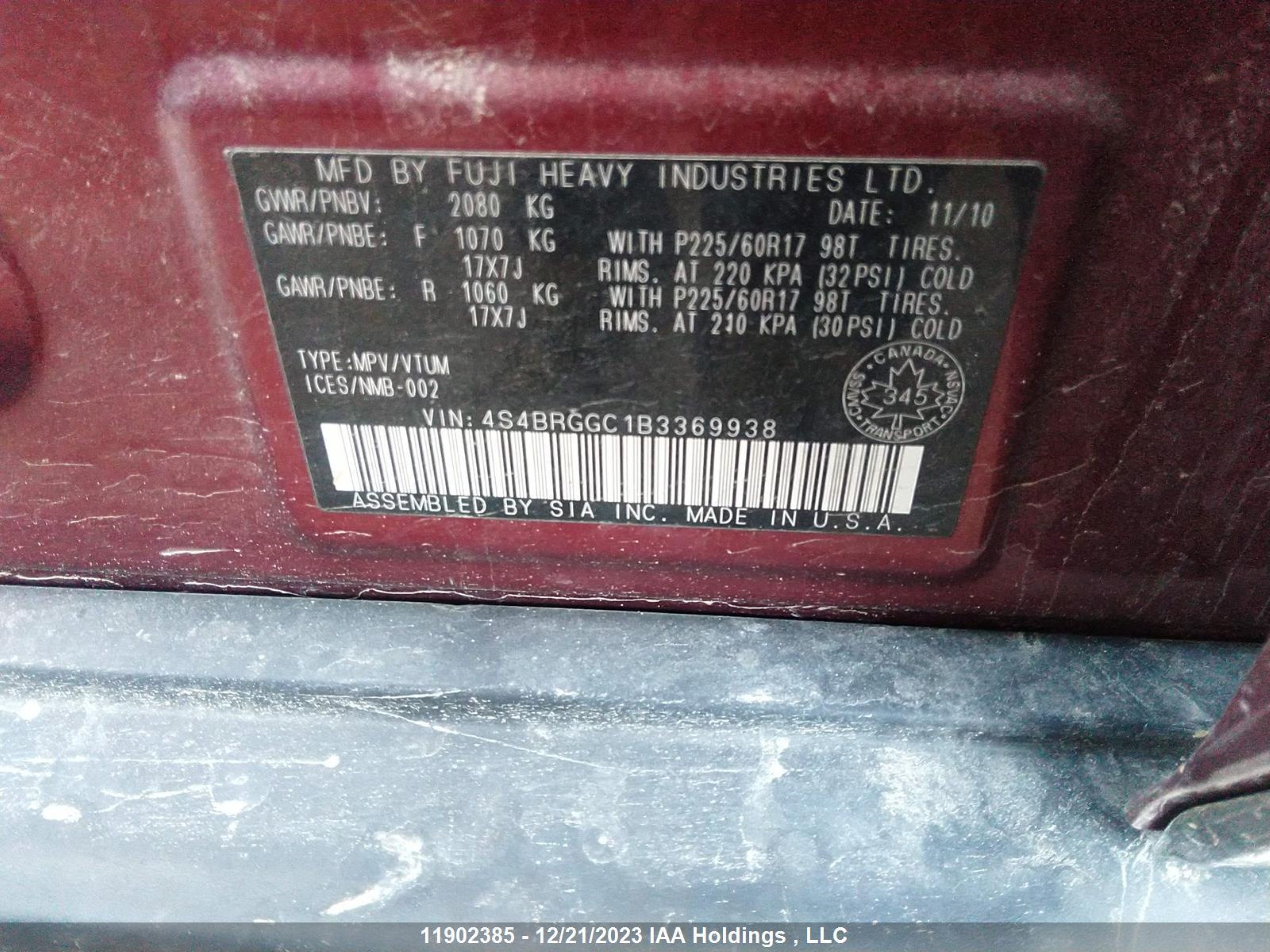 Photo 8 VIN: 4S4BRGGC1B3369938 - SUBARU OUTBACK 