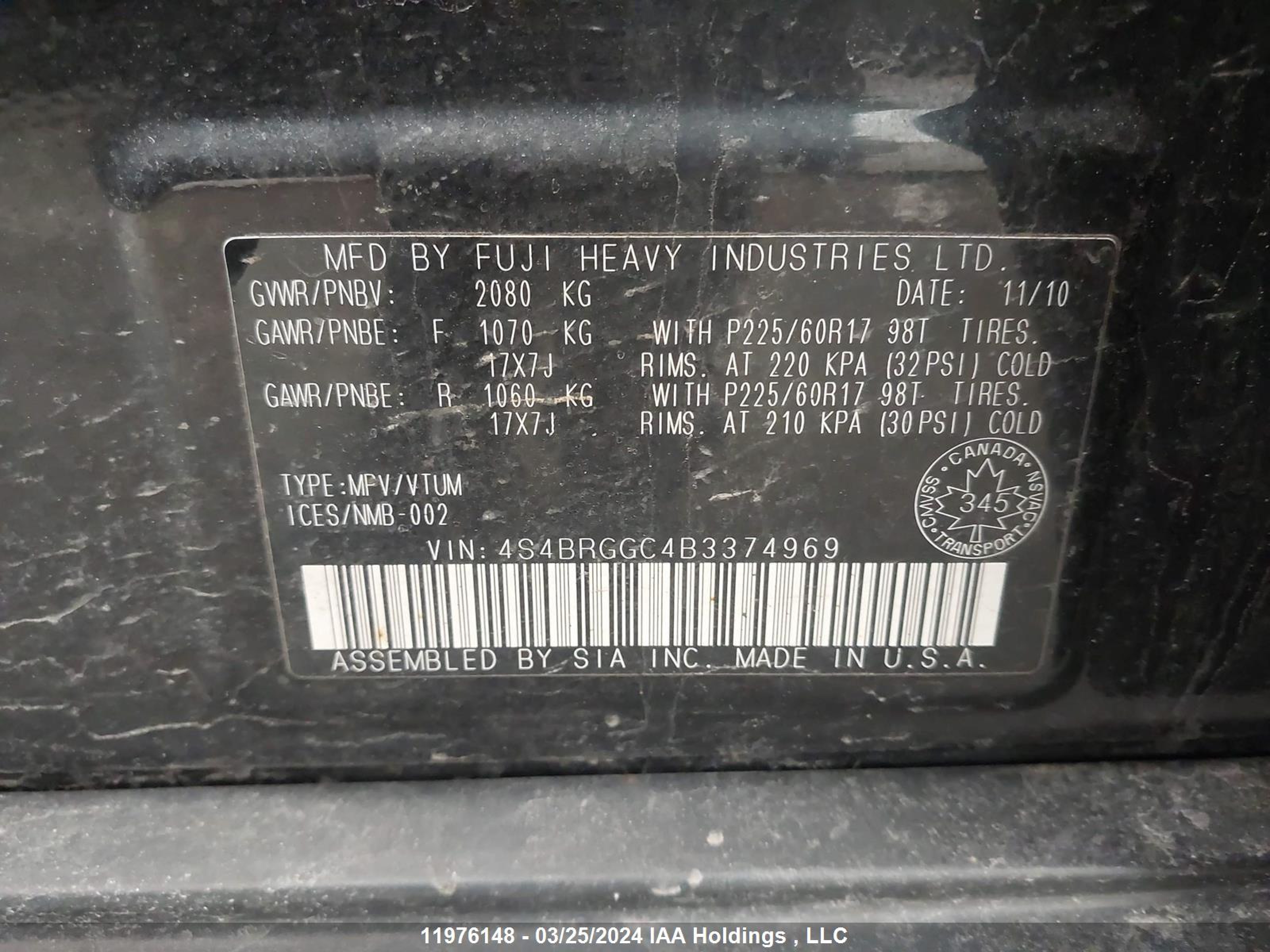 Photo 8 VIN: 4S4BRGGC4B3374969 - SUBARU OUTBACK 