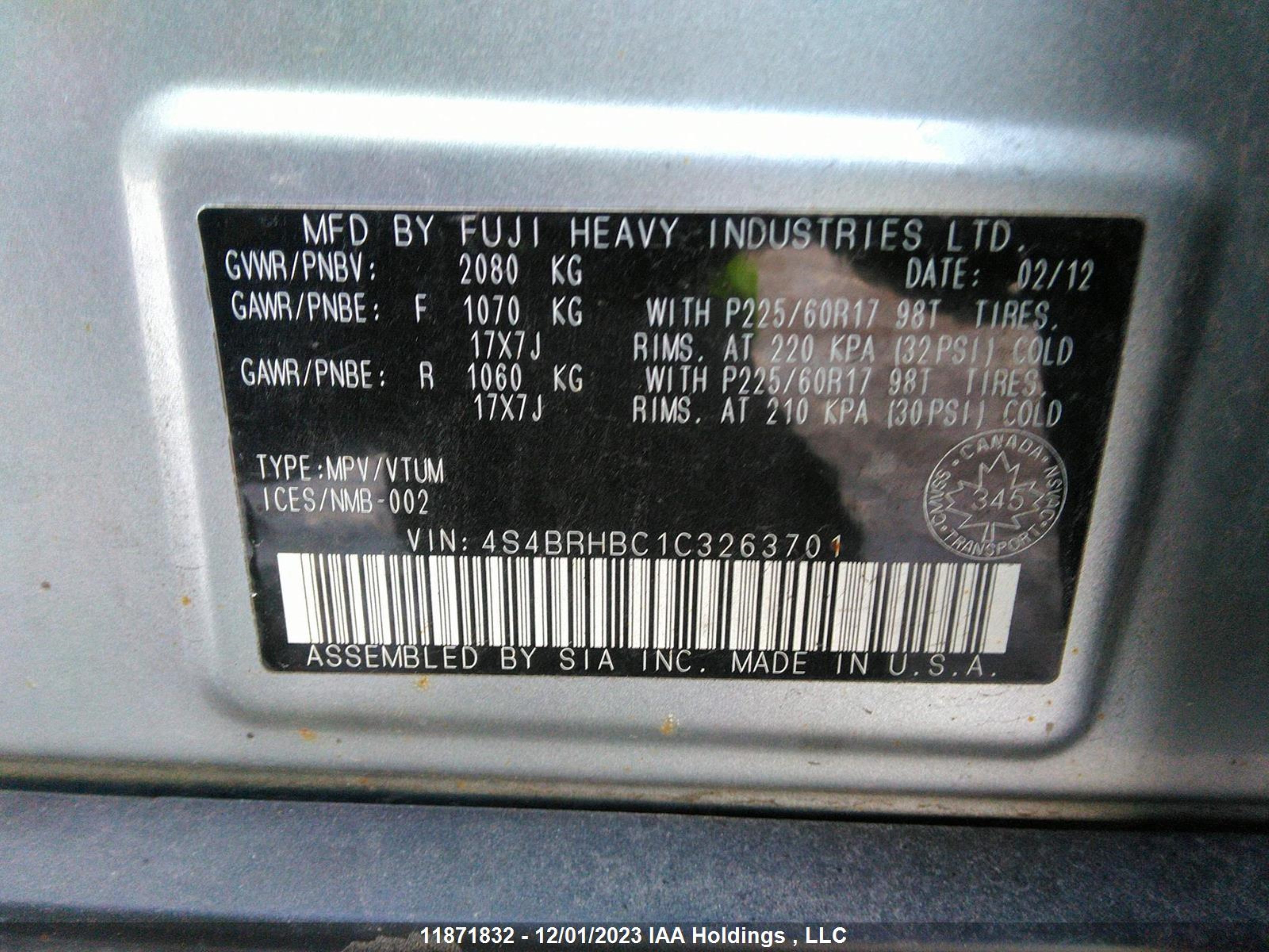 Photo 8 VIN: 4S4BRHBC1C3263701 - SUBARU OUTBACK 