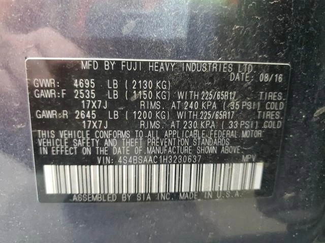 Photo 12 VIN: 4S4BSAAC1H3230637 - SUBARU OUTBACK 2. 