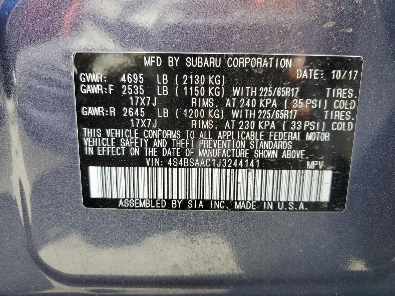 Photo 12 VIN: 4S4BSAAC1J3244141 - SUBARU OUTBACK 