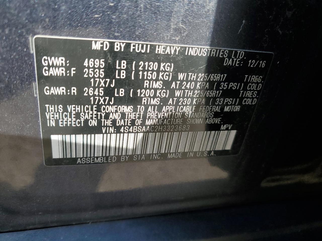 Photo 13 VIN: 4S4BSAAC2H3323683 - SUBARU OUTBACK 