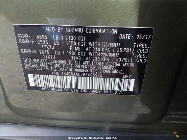 Photo 8 VIN: 4S4BSAAC2H3408975 - SUBARU OUTBACK 