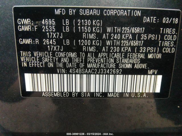 Photo 8 VIN: 4S4BSAAC2J3342692 - SUBARU OUTBACK 