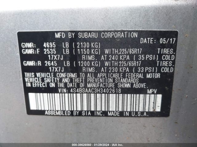 Photo 8 VIN: 4S4BSAAC3H3402618 - SUBARU OUTBACK 