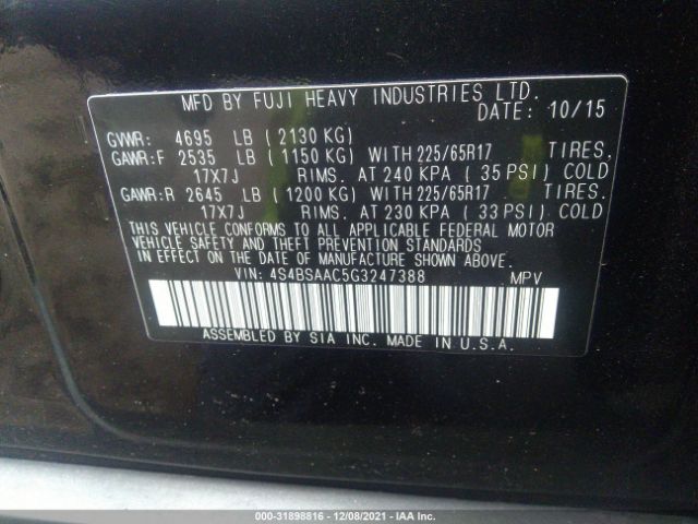 Photo 8 VIN: 4S4BSAAC5G3247388 - SUBARU OUTBACK 