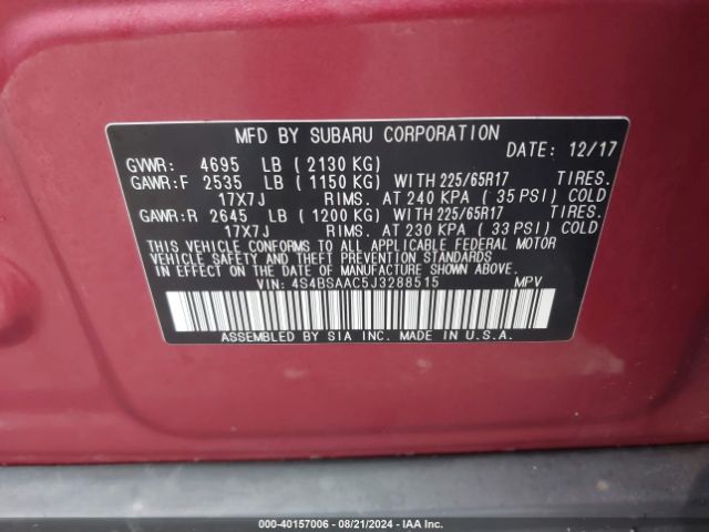 Photo 8 VIN: 4S4BSAAC5J3288515 - SUBARU OUTBACK 