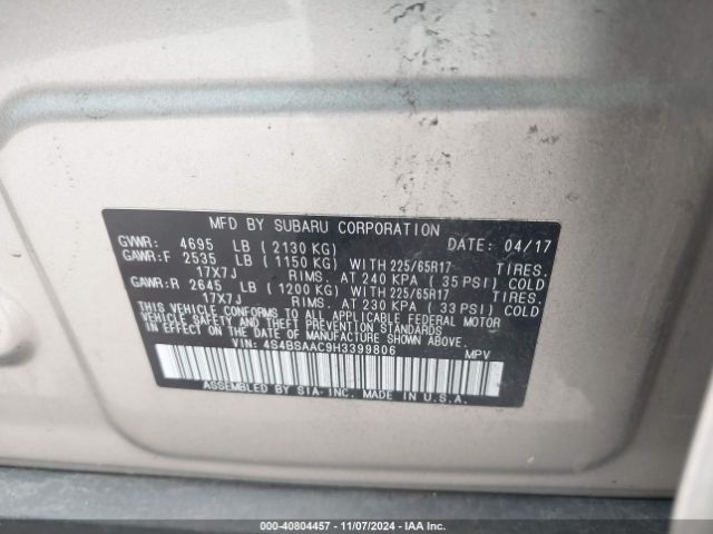 Photo 8 VIN: 4S4BSAAC9H3399806 - SUBARU OUTBACK 