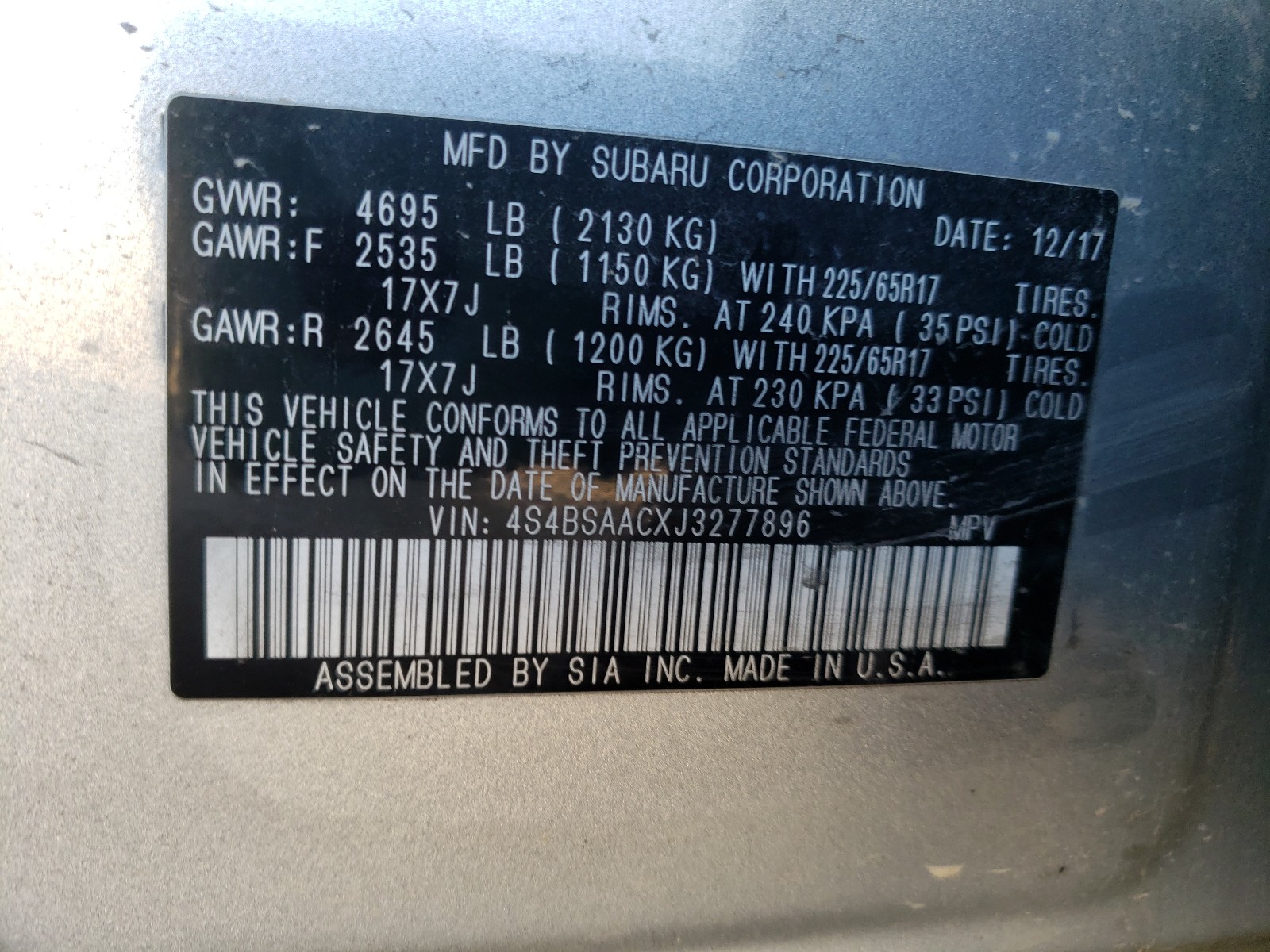 Photo 9 VIN: 4S4BSAACXJ3277896 - SUBARU OUTBACK 2. 