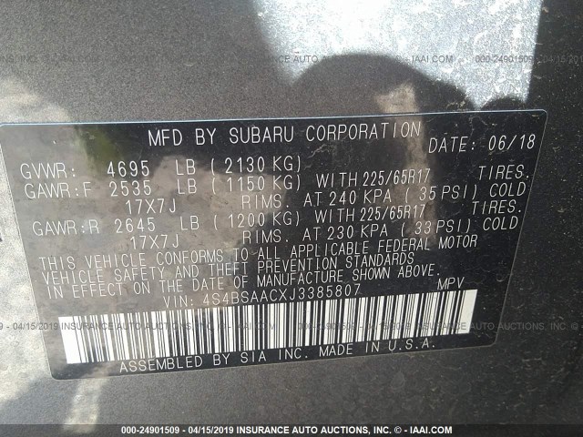 Photo 8 VIN: 4S4BSAACXJ3385807 - SUBARU OUTBACK 