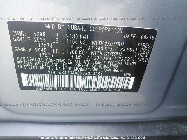 Photo 8 VIN: 4S4BSAACXJ3394894 - SUBARU OUTBACK 