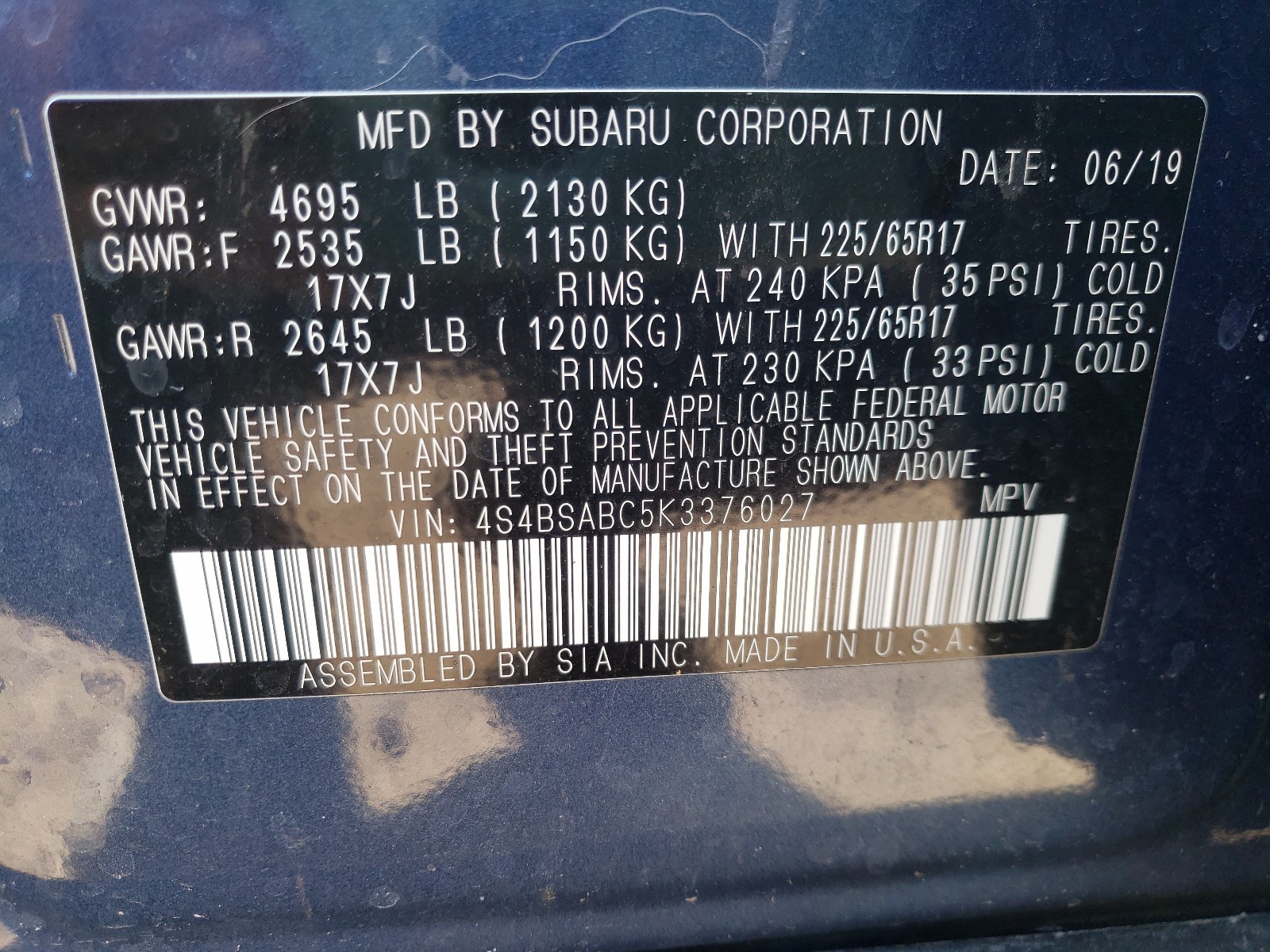 Photo 9 VIN: 4S4BSABC5K3376027 - SUBARU OUTBACK 2. 