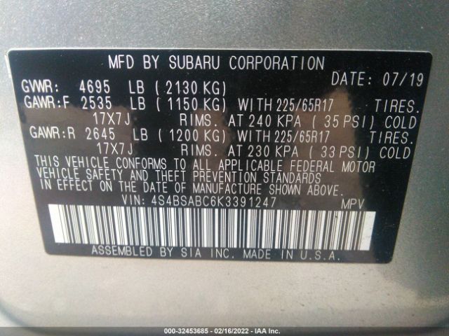 Photo 8 VIN: 4S4BSABC6K3391247 - SUBARU OUTBACK 