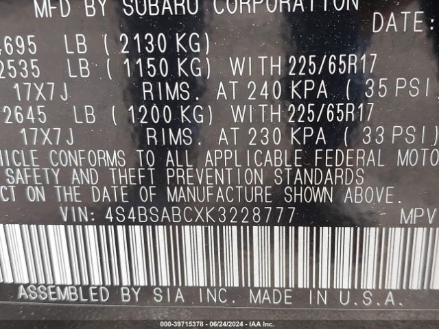 Photo 8 VIN: 4S4BSABCXK3228777 - SUBARU OUTBACK 