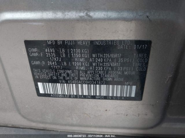 Photo 8 VIN: 4S4BSACC0H3341872 - SUBARU OUTBACK 