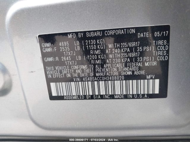 Photo 8 VIN: 4S4BSACC0H3408020 - SUBARU OUTBACK 