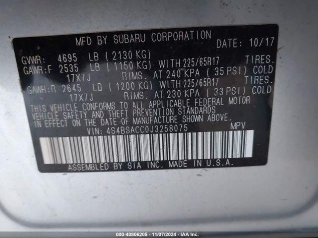 Photo 8 VIN: 4S4BSACC0J3258075 - SUBARU OUTBACK 