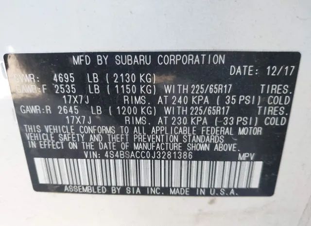 Photo 8 VIN: 4S4BSACC0J3281386 - SUBARU OUTBACK 