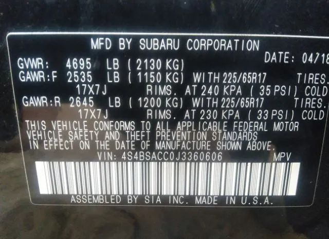 Photo 8 VIN: 4S4BSACC0J3360606 - SUBARU OUTBACK 