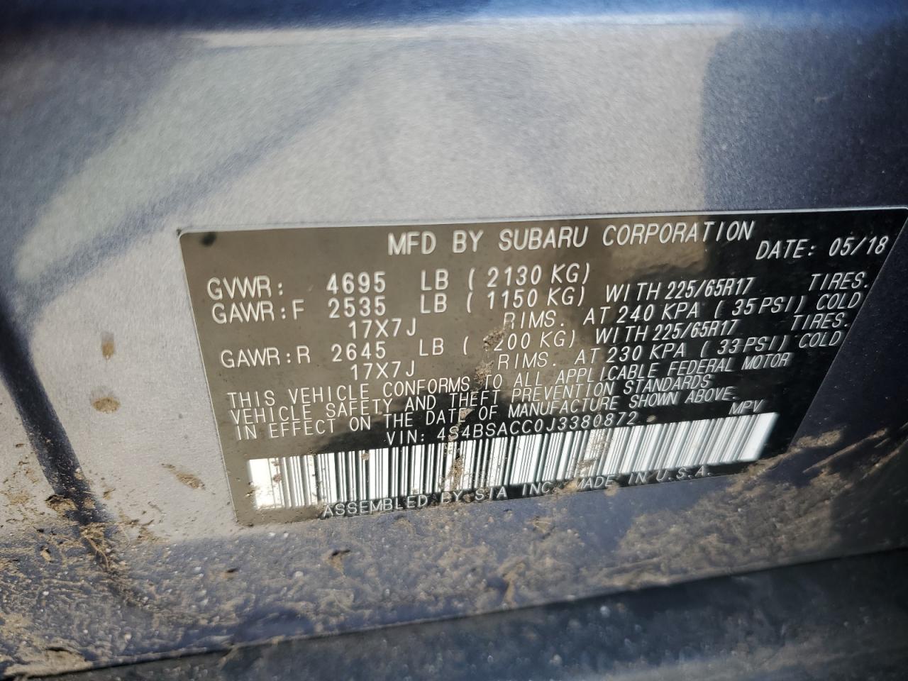 Photo 12 VIN: 4S4BSACC0J3380872 - SUBARU OUTBACK 