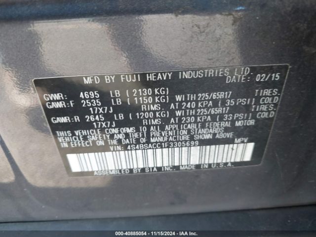 Photo 8 VIN: 4S4BSACC1F3305699 - SUBARU OUTBACK 