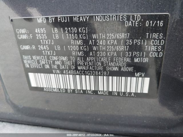 Photo 8 VIN: 4S4BSACC1G3284287 - SUBARU OUTBACK 