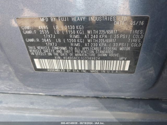 Photo 8 VIN: 4S4BSACC1G3349624 - SUBARU OUTBACK 