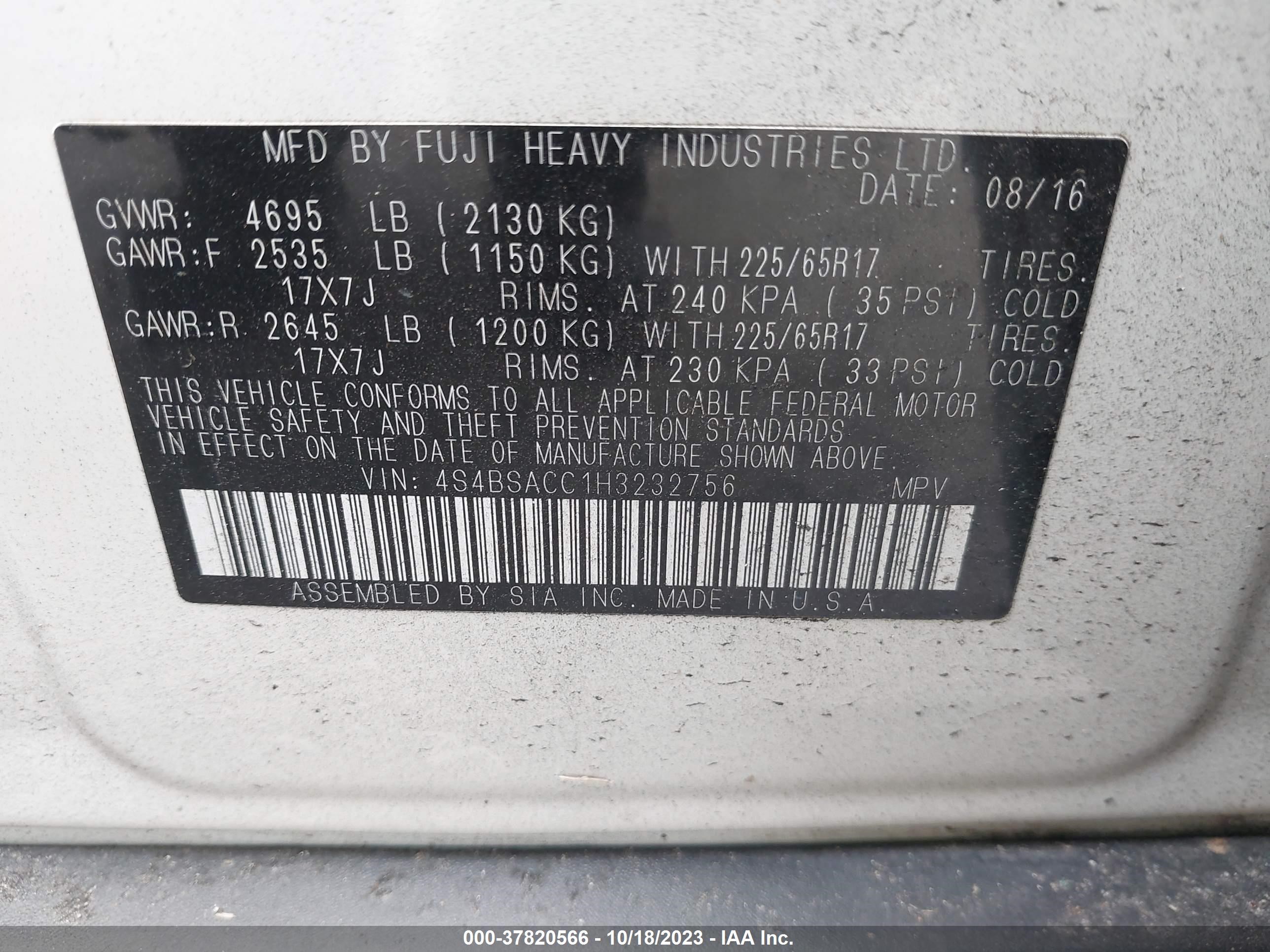 Photo 8 VIN: 4S4BSACC1H3232756 - SUBARU OUTBACK 