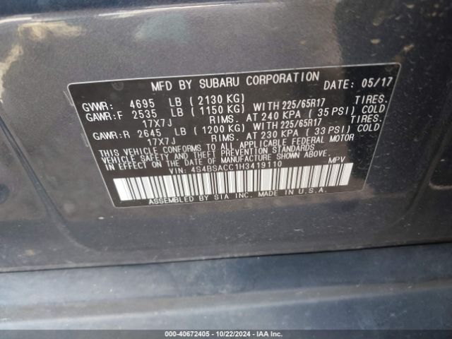 Photo 8 VIN: 4S4BSACC1H3419110 - SUBARU OUTBACK 